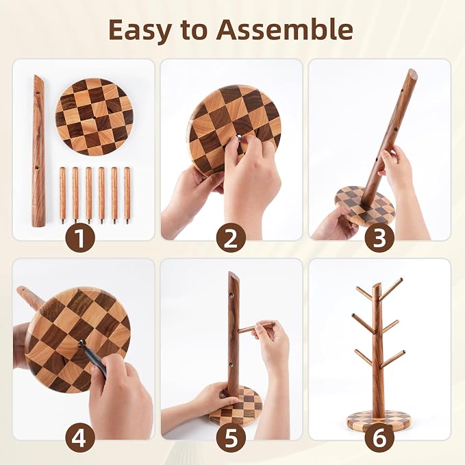 Natural Wood Mug Holder for Counter Top, Acacia Wood Coffee Mug Tree | Non-Slip - Image 8