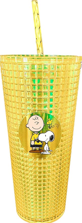 Spoontiques - Diamond Tumbler - Textured Cup with Straw - Double Wall Insulated and BPA Free - Charlie Brown & Snoopy - Yellow - 20 oz
