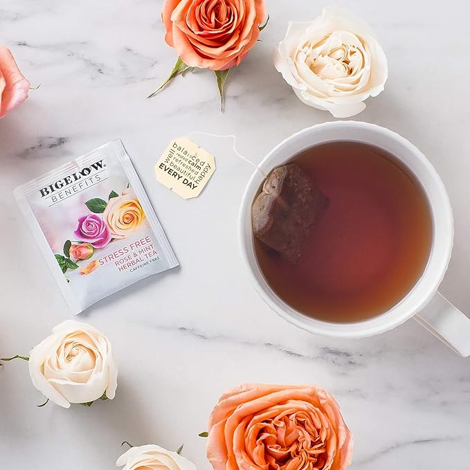 Bigelow Benefits Stress Free Rose & Mint Herbal Tea, Caffeine Free, 18 Count (Pack of 6), 108 Total Tea Bags