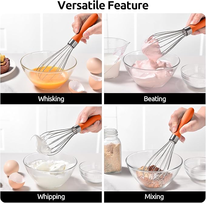 U-Taste 9" Small Egg Whisk: 18/10 Stainless Steel Kitchen Cooking Wire Balloon Wisk, Heavy Duty Metal Beater Stirrer, Manual Baking Tool with 6 Flex Wires for Hand Mixing, Blending Sauce (Orange)