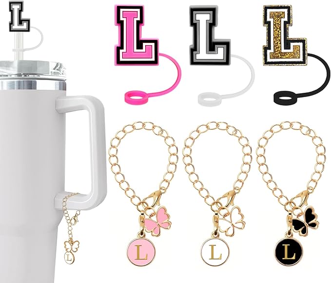 (3 +3) Nuozme Straw Cover Compatible with Stanley Tumbler Cup 3PCS Letter Straw Caps Toppers with 3 Initial Butterfly Charms Name ID For Stanley 30&40 Oz Cup