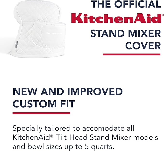 KITCHENAID Fitted Tilt-Head Stand Mixer Cover with Storage Pocket, Quilted 100% Cotton,14.4"x18"x10", White