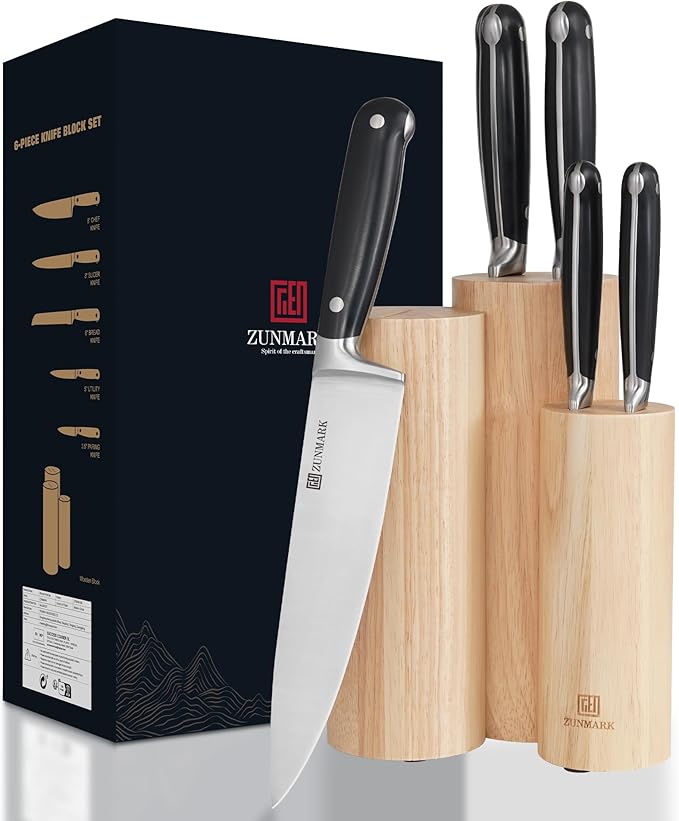 Kitchen Knife Set, Skylark Series 6-Piece High Carbon X50CrMoV15 Steel Professional Chef Knife Set with Solid Wood Block, Unique Design Knife Block Set, Dishwasher Safe, Elegant Black
