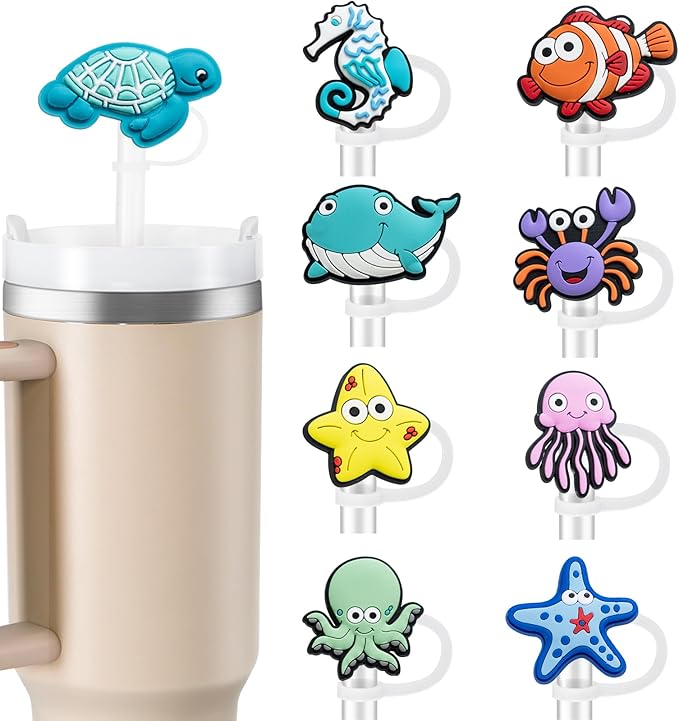9PCS Straw Covers for Stanley Cup Tumbler 30 oz / 40 oz Leak Proof Straw Toppers 10mm Silicone Sea Animal Caps for Stanley Cup Accessories-Marine Wildlife