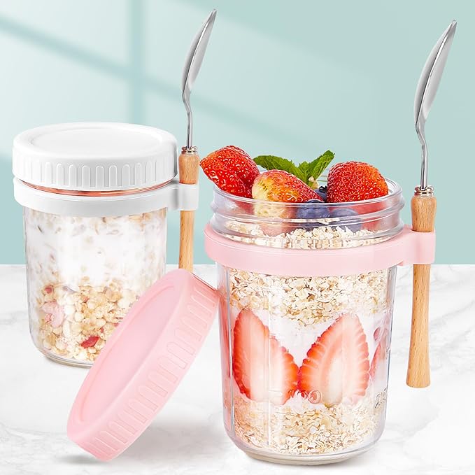 16oz - 2 Pack Overnight Oats Jars with Lids and Spoon, Overnight Oats Container with Lids, Airtigh Oatmeal Containers with Measurement Marks, Wide Mouth Mason Jars for Salad, Cereal - Pink & White