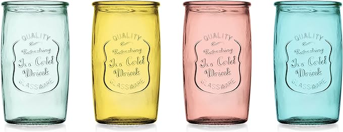 Glaver's Colored Glassware, Ice Cold Drinking Glasses Set of 4 – 18 Oz Vintage Glass Cups for Kitchen, Dining Table – Multi- Colors Glass Tumblers. Hand Wash.