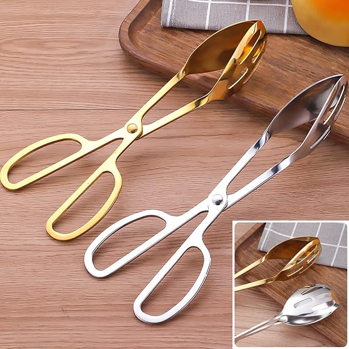 2 Pieces Buffet Salad Tongs for Kitchen Serving and Cooking, Stainless Steel Food Scissor Tongs, Catering Utensil for Bread Cake Bake Steak Barbecue (Gold)