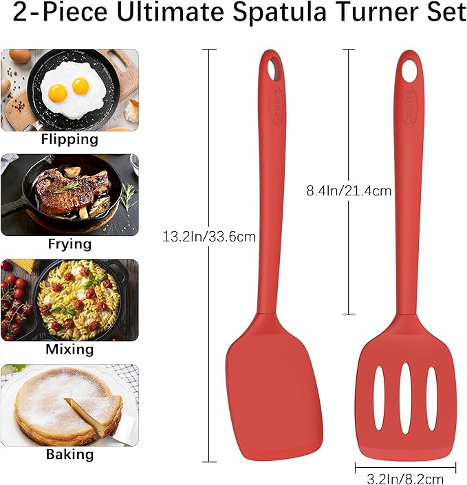 Coukre 2 Pack Silicone Spatula Set, High Heat Resistant, BPA Free Kitchen Spatula, Solid & Slotted Turner for Non-Stick Pans, Sautéing, and Flipping (2, PureRed)
