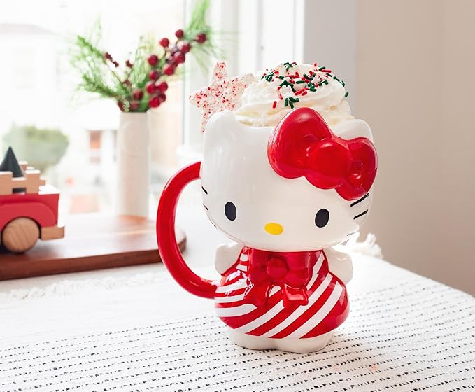 Silver Buffalo Sanrio Hello Kitty Christmas Holiday Candy Cane Dress 3D Sculpted Ceramic Mug, 20 Ounces