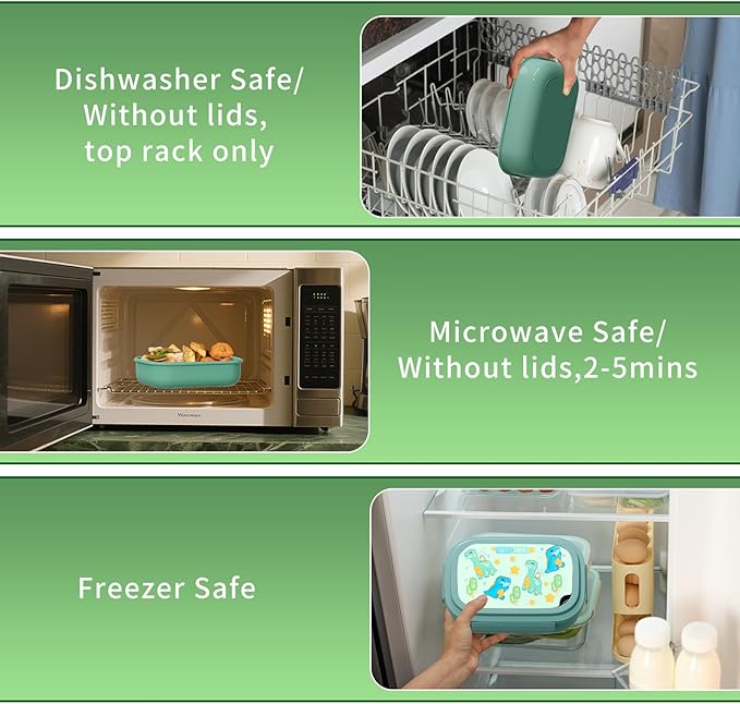 Bento Lunch Box with Kids & Children, Stackable Lunchbox Container with 3-Compartment, Durable for On-the-Go Meal, BPA-Free and Food-Safe Materials (Green)