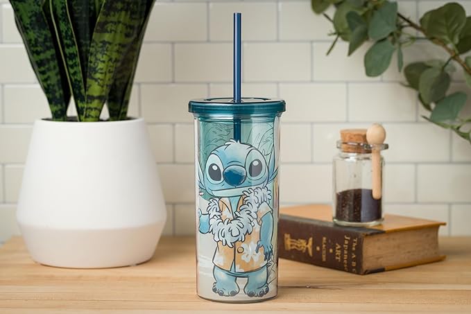Silver Buffalo Disney Lilo and Stitch Island Stitch Plastic Tall Cold Cup with Lid and Straw, 20 Ounces