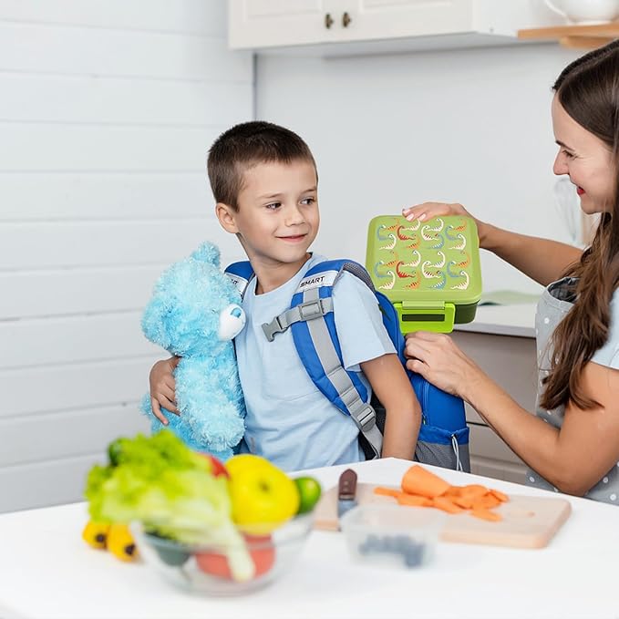 Bento Lunch Box for Kids with 8oz Soup Thermo,Leak-Proof Lunch Containers with 5 Compartment,Thermo Food Jar Food Containers for School (Green-Colorful Dinosaur)