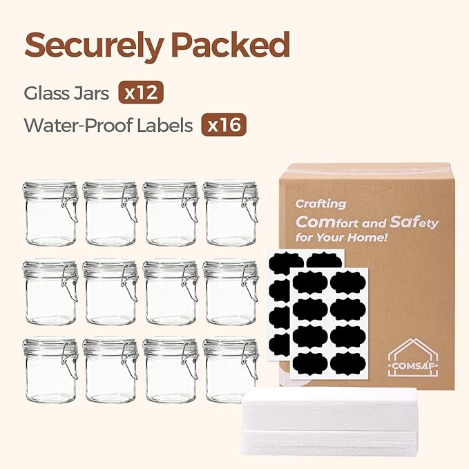 ComSaf 8oz Small Airtight Glass Jars Set of 12 with Lid Food Storage Jar Round, Mini Storage Container with Clear Preserving Seal Wire Clip Fastening for Kitchen Canning, Jam, Spice, Honey, Mason Jars