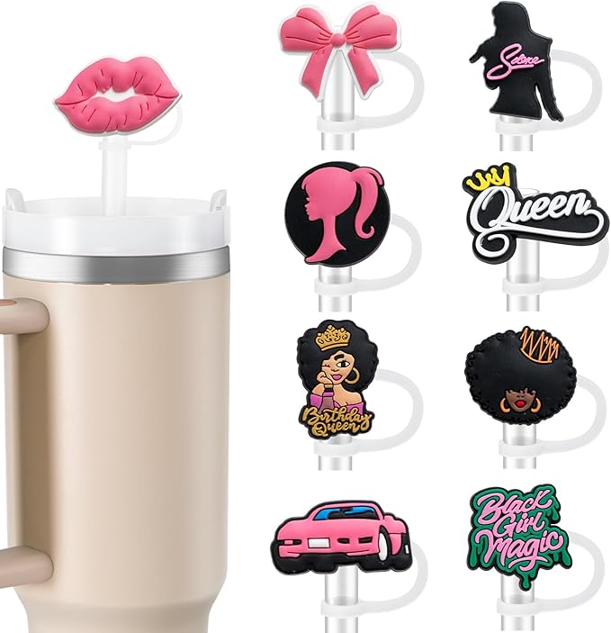 9PCS Straw Covers for Stanley Cup Tumbler 30 oz / 40 oz Leak Proof Straw Toppers 10mm Silicone Cute Caps for Stanley Cup Accessories-Black Girl