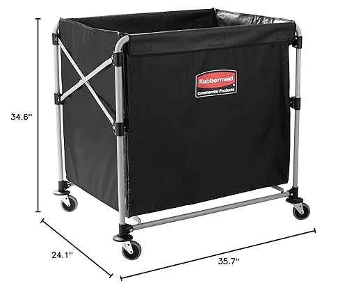 Rubbermaid Commercial Products, Collapsible X Cart, Black, Steel 8 Bushel Bin, Commercial Laundry Cart with Wheels for Hotel/Nursing Home/Home/College Easily Move Laundry/Supplies/Groceries