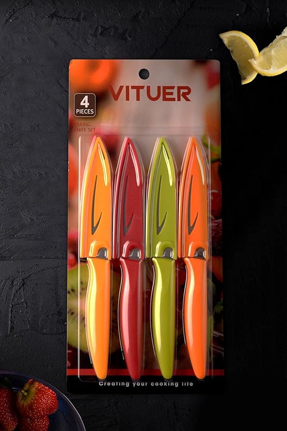 Paring knife, 4PCS Paring knives (4 Knives and 4 Knife cover), 4 Inch Peeling Knife, Fruit and Vegetable Knife, Ultra Sharp Kitchen Knives, German Steel, PP Plastic Handle