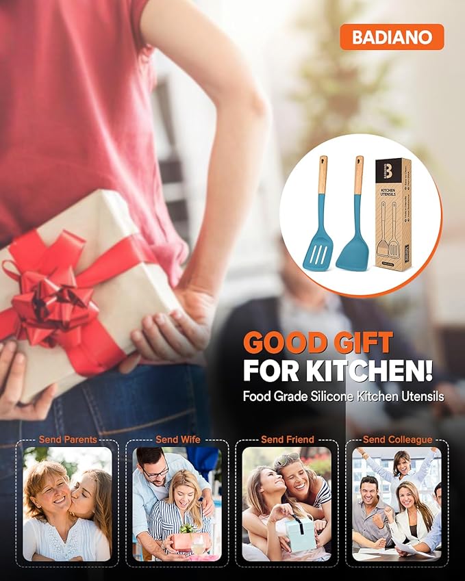 Silicone Wok Spatula Turner Set, Perfect for Scooping, Flipping, Lifting Pancakes and Picking up Veggies, BPA-Free Matte Silicone, Wooden Handles, Safe for Nonstick Cooking Surfaces (Blue)