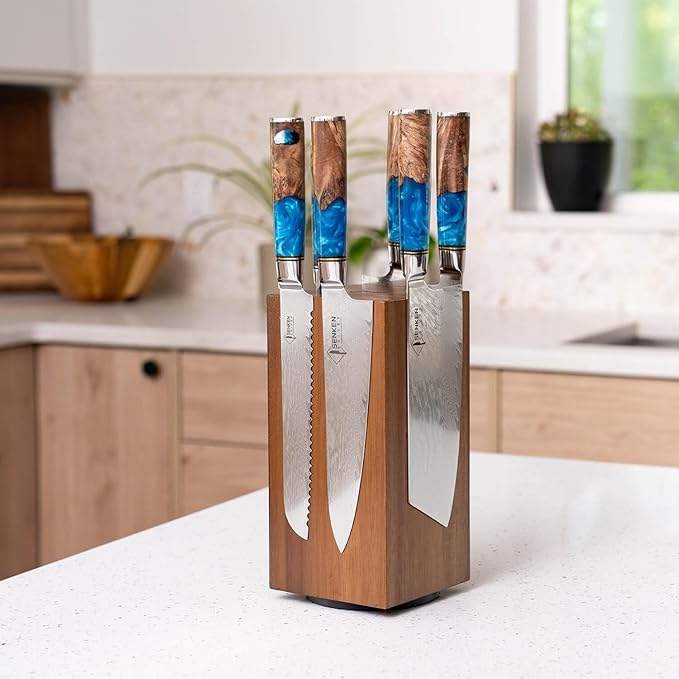 SENKEN Rotating Magnetic Knife Block without Knives, Natural Acacia Hardwood - 360 Degrees Rotation - Ultra Strong Neodymium Magnets, Universal Knife Holder & Storage (Block with Steak Knife Slots)