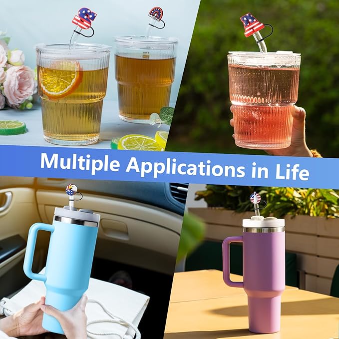 8Pcs 4th of July (USA) Straw Cover Cap for Stanley Cup 40oz/30oz Tumbler, 10mm Reusable Cute Drinking Straw Topper Accessories, Portable Protector Plugs Decorations Gifts for Party Favors