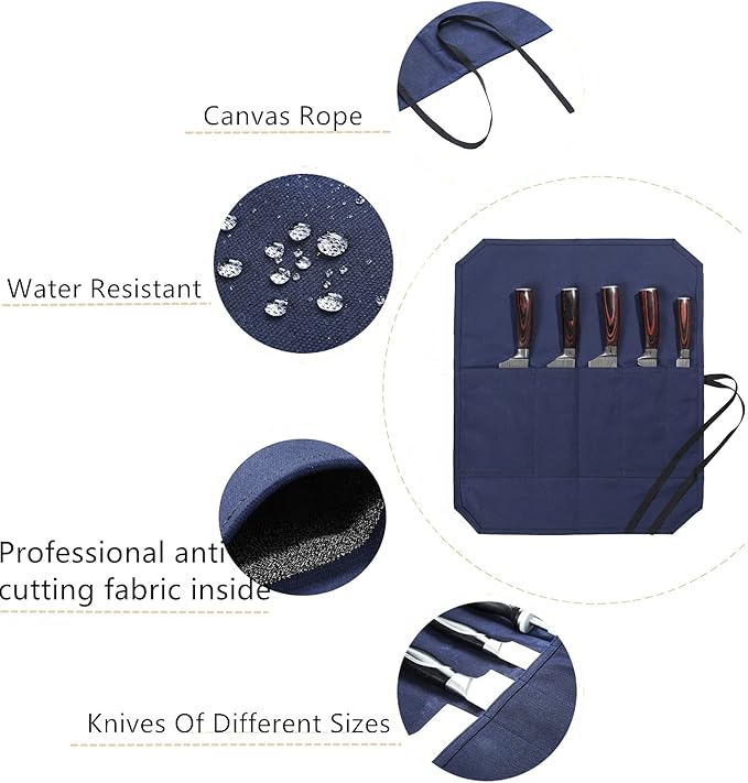 Chef's Knife Bag With 5 Slots, Wax Canvas Knife roll with Professional Anti Cutting Fabric Inside (Blue)