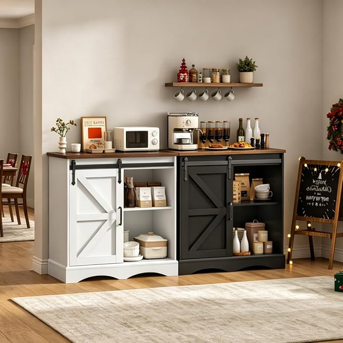 HOMFAMILIA 31.5" H Farmhouse Coffee Bar Cabinet w/Storage, Rustic Buffet Cabinet - Image 7