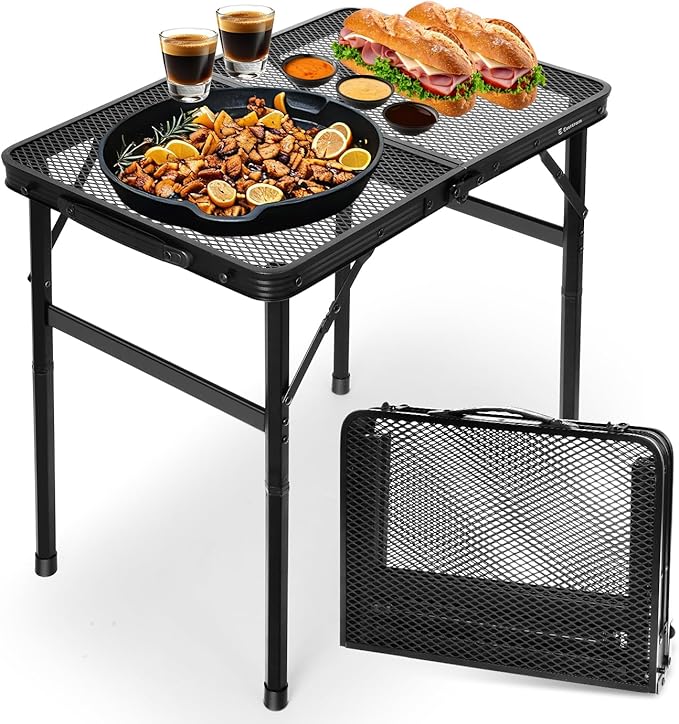 2Ft Small Folding Table with Carry Handle, Adjustable Height 10.6–22 in, Black Metal Mesh, Portable & Compact Indoor/Apartment/Card/Side/Grill Table, 23.6×15.8 in, 4 lb, 66 lb Capacity