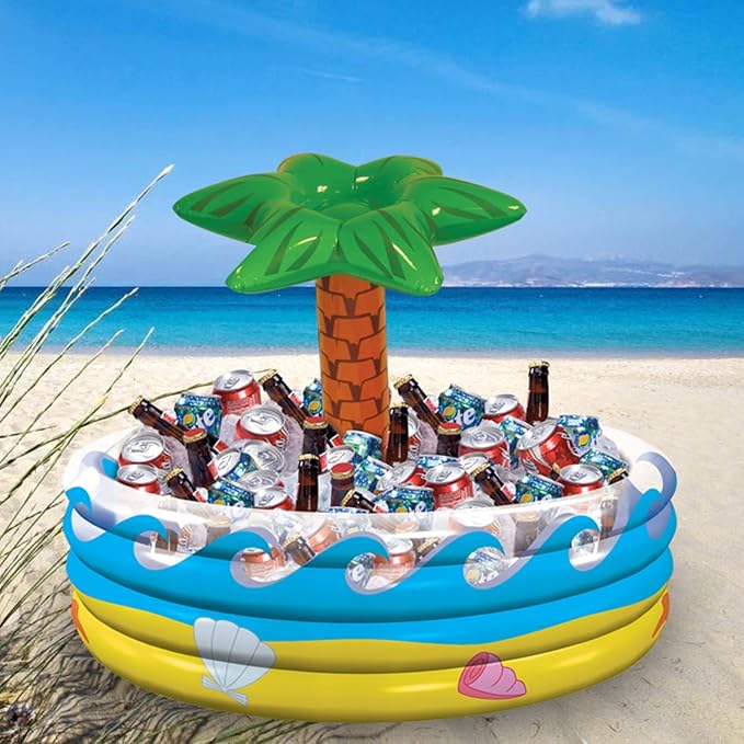 Tropical Palm Tree Inflatable Cooler - 14" x 29.5" (Pack Of 1) - Multicolor Plastic Beverage Holder For Parties & Events