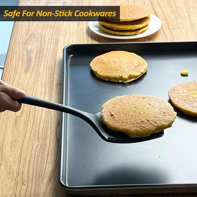 Silicone Pancake Spatula Turner with Lengthened Handle& Seamless Design, Heat Resistant Slotted Flipper for Nonstick Cookware, Large Flexible Kitchen Utensils for Egg, Pancake, Burger, Black