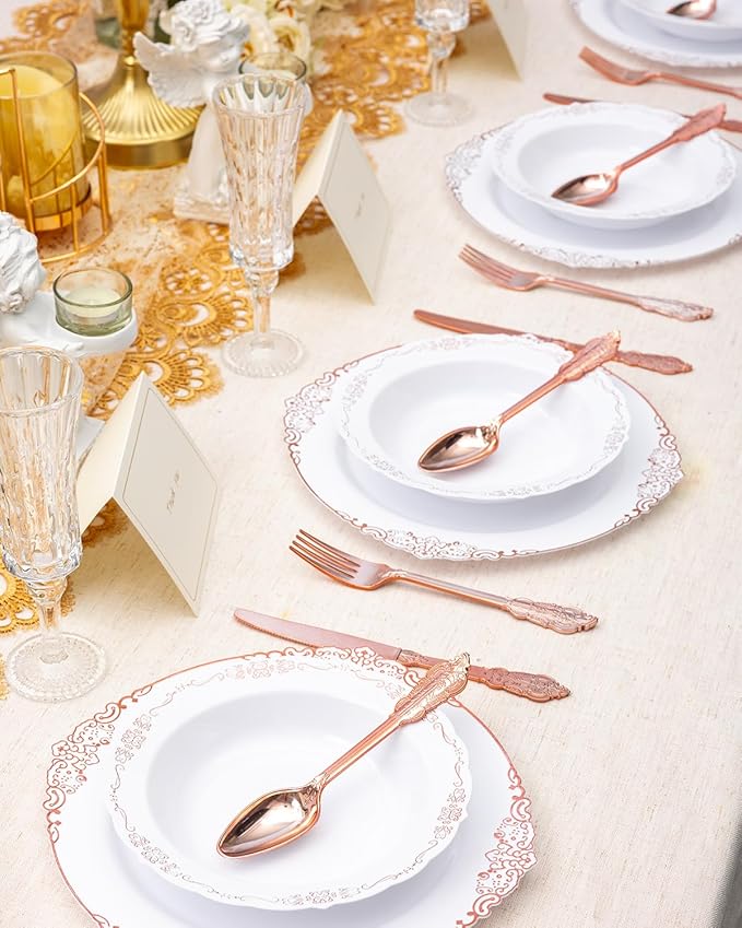 50 Pack White Plastic Bowls with Rose Gold Rim, 12oz Plastic Dessert Bowl, Bowls Disposable Heavy Duty for Hot Soup, Dessert, Salad, Cake, Ice Cream, Fruit