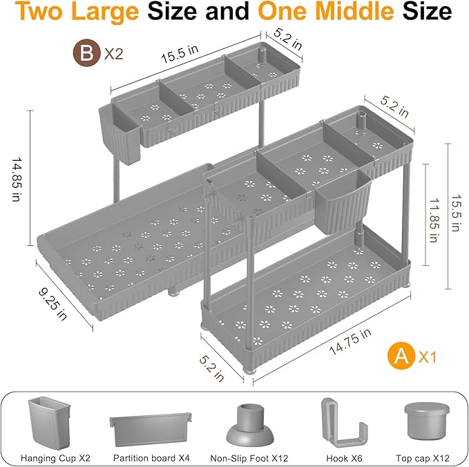 3 Pack Multi-Purpose Under Sink Organizers and Storage (Grey, 14.85 inches)