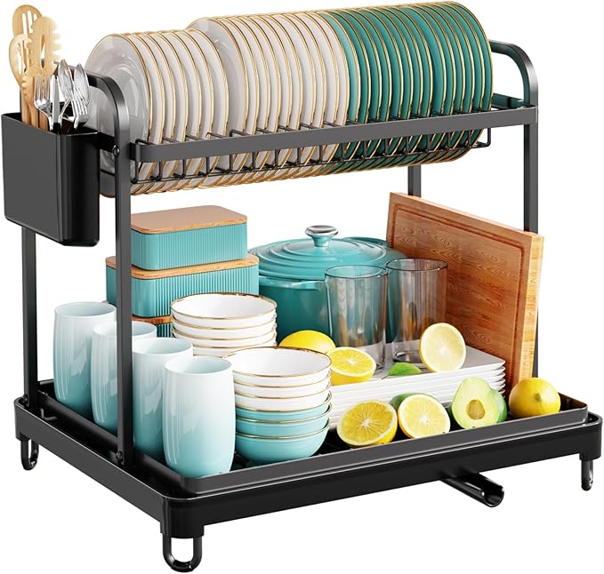 2-Tier Dish Drying Rack - Stainless Steel Dish Rack with Cutlery & Utensil Holders for Kitchen Counter, Sink Organization and Storage Essentials, Home Decor, 16.7" W x 12.7" L x 15.8" H, Black