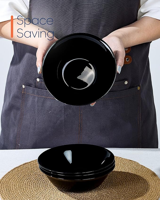 14 OZ (16 OZ MAX) Black Opal Glass Cereal Bowl Set of 6, 6.5 inch Dishwasher & Microwave Safe Round Bowls for Soup, Salad and Rice