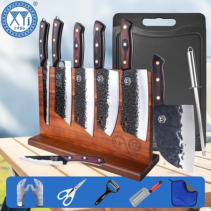 XYJ Authentic Since 1986,Kitchen Knife Block Set,High Carbon Steel Blades,Full Tang Knives Set with Block,Cutting Board,Sharpening Stick,Scissors,Gloves,Slicing Butcher Chef Knives,Wood Handle