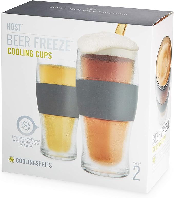 Host Freeze Beer Glasses, Freezable Beer Gifts for Men, Double Wall Insulated Pint Set, Tumbler for Cold Drinks, 16, Set of 2, Gray