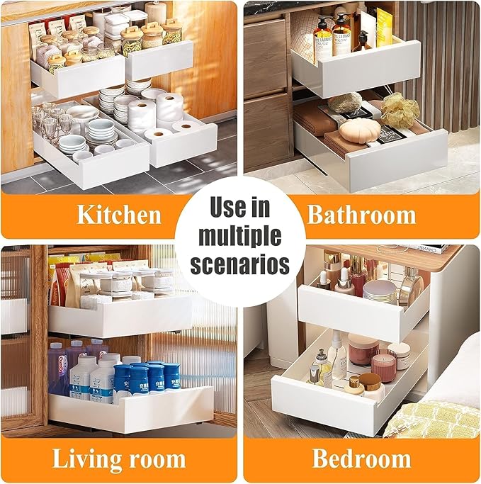 2Pack Pull out Cabinet Organizer, 21"Deep, 20"Wide Full-extension Heavy Duty Slide out Drawers Fixed with Adhesive Nano, Roll Out Shelves Sliding Cabinet for Kitchen,Bathroom,Pantry,Under Sink(White)