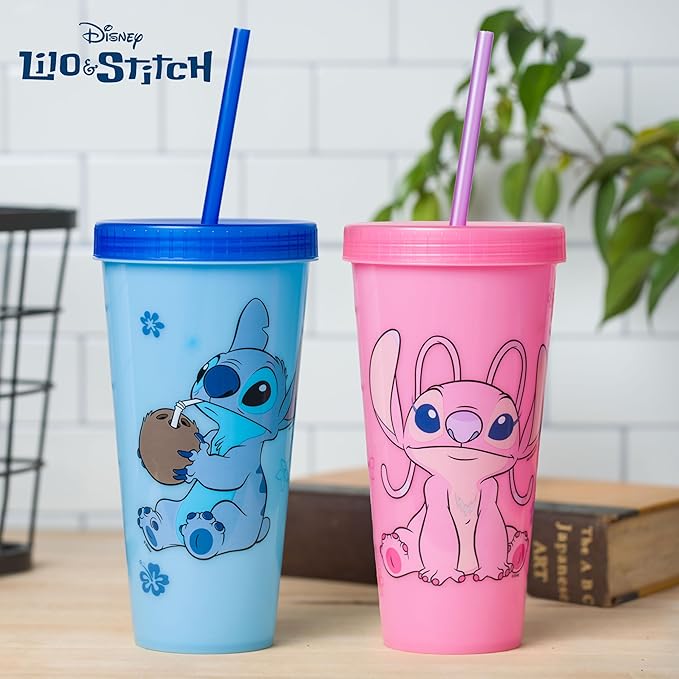 Silver Buffalo Disney Lilo and Stitch Angel Coconut Flowers 2 Pack Color Change Plastic Tumbler, 24-Ounce