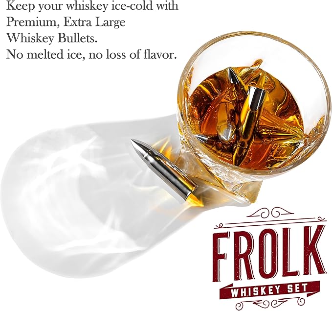 Frolk Whiskey Chillers Premium Gift Set, Set Of 6 Extra Large Stainless Steel Whiskey Stones, 2 Large Twisted Whiskey Glasses (11 oz), Freezer Base, Velvet Pouch & Tongs In Novelty Wooden Box