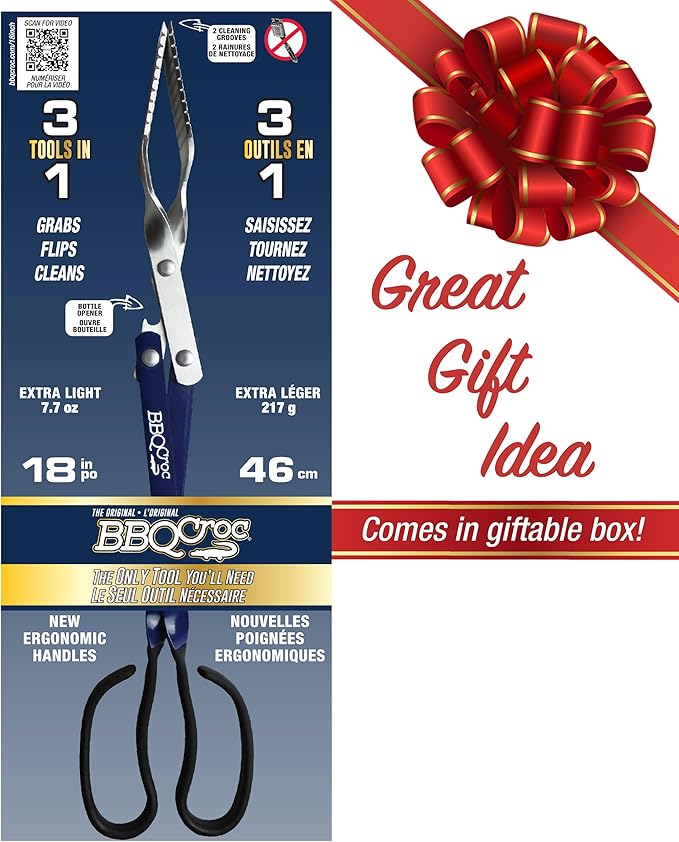 BBQCroc 3 in 1 Barbecue Tool 18-inch - Light and Long Tongs, Spatula and Grill Scraper (Blue) (18 inch Without Flashlight)