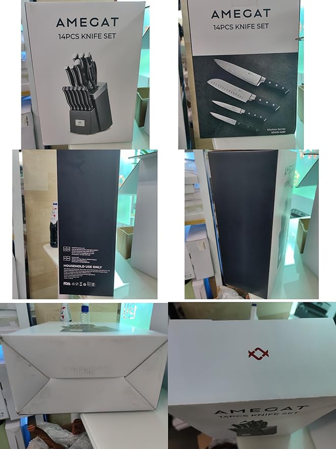 Knife Set, AMEGAT Knife Block Set with Advanced Self-Sharpening Technology, 14-Piece Waved Texture Kitchen Knives, Stainless Steel Knife Set with Block, Razor-Sharp and Full Tang Handle