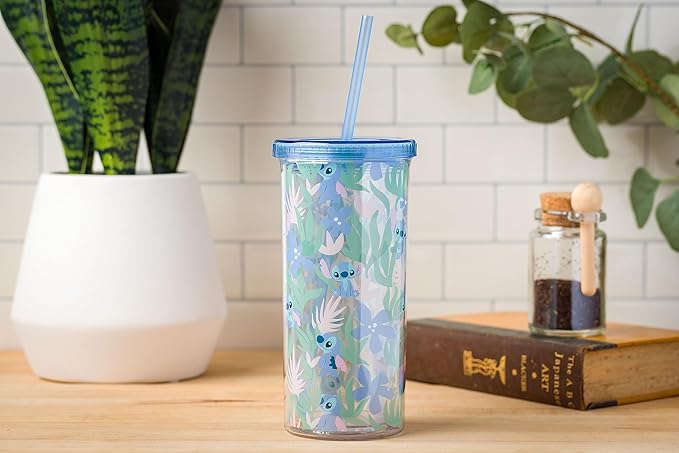 Silver Buffalo Disney Lilo and Stitch Cute Floral and Leaves Pattern Plastic Tall Cold Cup with Lid and Straw, 20 Ounces
