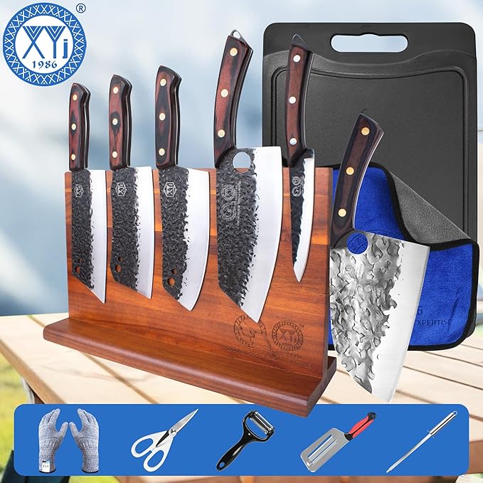XYJ Authentic Since 1986,Knife Block Set,High Carbon Steel Blades,Full Tang Knives Set with Magentic Knife Block, Honing Steel,Scissors,Cut Resistant Gloves,Utility Vegetable Kitchen Knives
