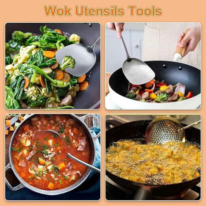 FJNATINH Wok Spatula and Ladle, Heat-Resistant Wok Tools with Wooden Handle Stainless Steel Wok Spatulas Cooking Utensils Set Wok Accessories,2 PCS