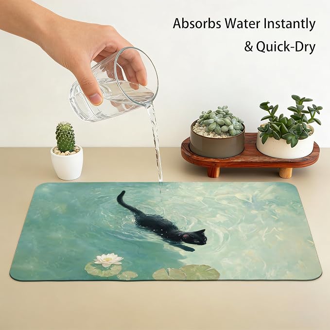 Cute Black Cat Art Painting Dish Drying Mat, Aesthetic Black Cats Dishes Dry - Image 7