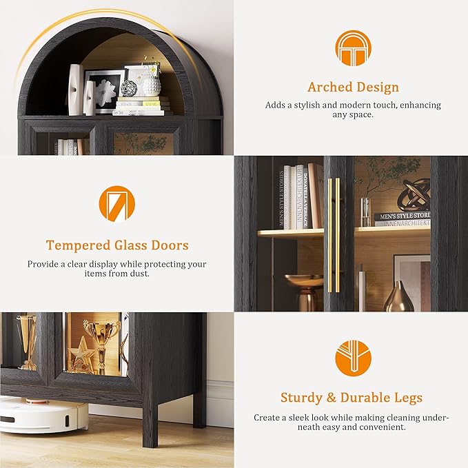 Arched Kitchen Pantry Cabinet with Glass Doors, Display Curio Case with 3 Color LED Lights for Collectibles, Modern 5-Tier Storage Hutch Cabinet for Kitchen, Dining Room, Black