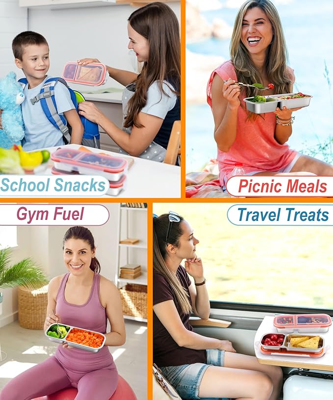3 Pack Stainless Steel Snack Containers for Kids & Adults - Leek Proof Metal Bento Lunch Box with 2 Compartment - Lunchable Containers for Daycare, School, Work, Travel - Stackable Snack Bento Box