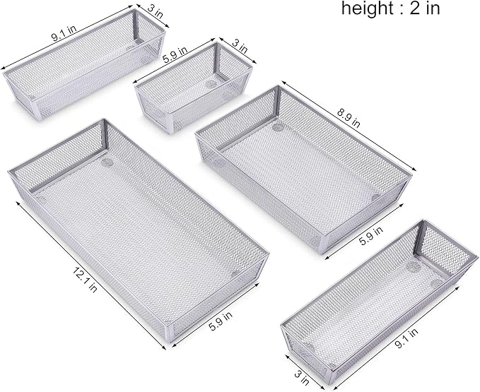 WuGeShop Mesh Silverware Tray Drawer Organizer, Kitchen Utensils Flatware with Anti-slip Mats, Silverware Storage Cutlery Tray for Knives Fork Spoon (5 Separate Compartments, Silver)