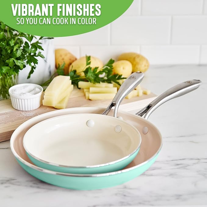 GreenLife Artisan Healthy Ceramic Nonstick, 8" and 10" Frying Pan Skillet Set, Stainless Steel Handle, Induction, PFAS-Free, Dishwasher Safe, Oven Safe, Turquoise
