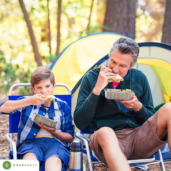 Everusely - Bento Box - Sage, 37oz / 1.1 L - Stainless Steel Lunch Box with Leakproof Condiment Container - 3 Compartment Snack Organizer for On the Go Meals - Freezer & Dishwasher Safe