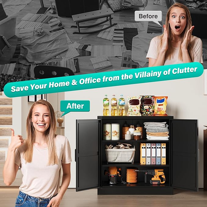 Black Storage Cabinet with Doors and Adjustable Shelves,36" Tall Farmhouse Food Pantry Cabinets,Small Sideboard Cabinet,Short Metal Storage Cabinets for Home Kitchen,Dining/Living/Laundry/Room