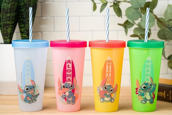Silver Buffalo Disney Lilo and Stitch 4 Pack Color Changing Plastic Tumbler Set Featuring Stitch, 24 Ounces (Pack of 12)